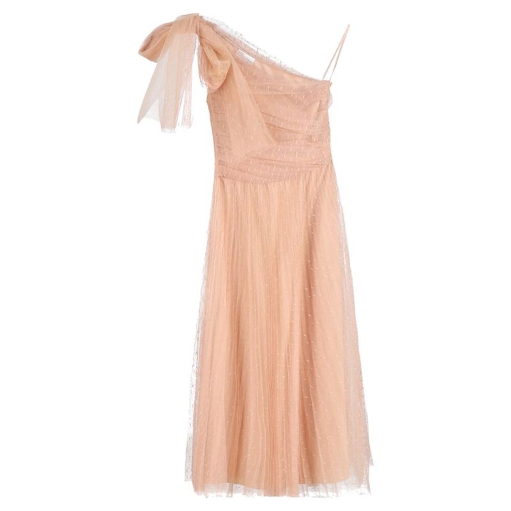 Red Valentino One-shoulder Pleated Point D'esprit Tulle Midi Dress In Beige
